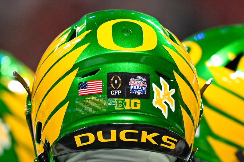 ATLANTA, GA - JANUARY 09: A detailed view of an Oregon football helmet during the Indiana Hoosiers versus Oregon Ducks College Football Playoff Semifinal at the Chick-fil-A Peach Bowl on January 9th, 2026, at Mercedes-Benz Stadium in Atlanta, GA. (Photo by Rich von Biberstein/Icon Sportswire via Getty Images)