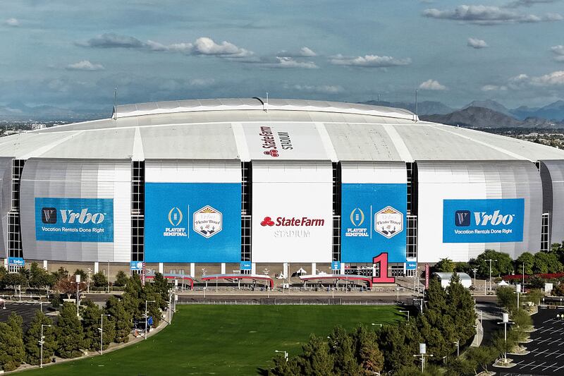 In this aerial view, a general exterior overview of State Farm Stadium ahead of the Vrbo Fiesta Bowl