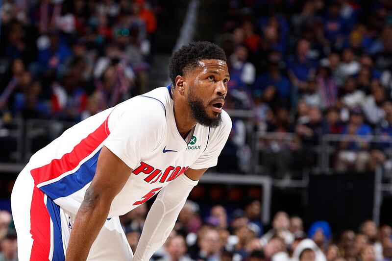Malik Beasley #5 of the Detroit Pistons looks on during the game against the New York Knicks