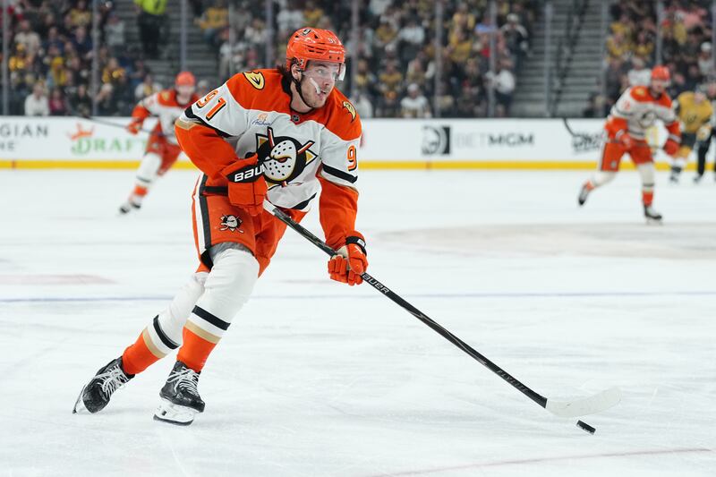 LAS VEGAS, NEVADA - MAY 12: Leo Carlsson #91 of the Anaheim Ducks skates during the second period against the Vegas Golden Knights in Game Five of the Second Round of the 2026 Stanley Cup Playoffs at T-Mobile Arena on May 12, 2026 in Las Vegas, Nevada. (Photo by Jeff Bottari/NHLI via Getty Images)