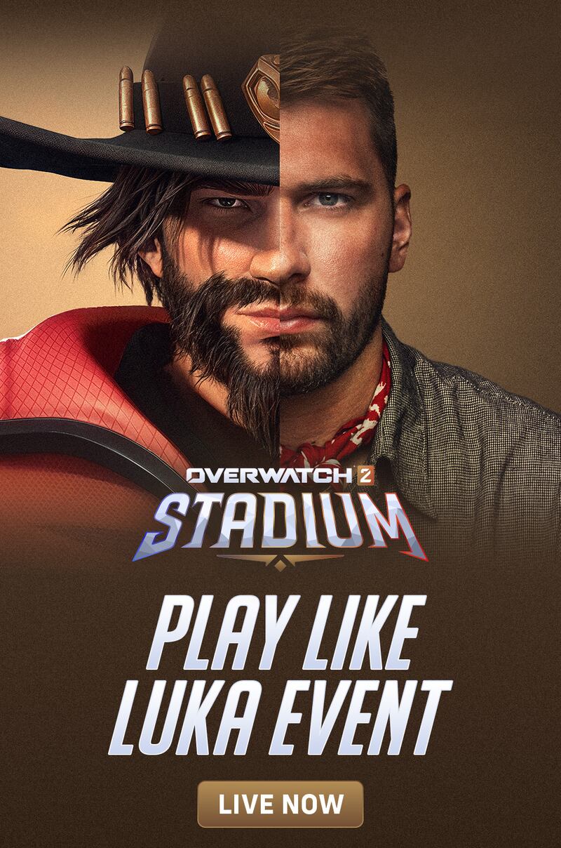 An image in the Overwatch video game style with a person's face split into two sides, the game hero Cassidy on the left side and Lakers star Luka Dončić on the right, with Overwatch 2 Stadium: Play Like Luke event live now on it.