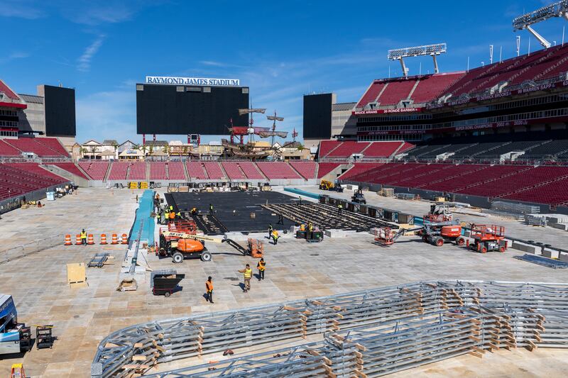 TAMPA, FL - JANUARY 20: Crews continue to work to prepare Raymond James Stadium for the 2026 Navy Federal Credit Union NHL Stadium Series game between the Boston Bruins and Tampa Bay Lightning on January 20, 2026 in Tampa, Florida. (Photo by Mark LoMoglio/NHLI via Getty Images)