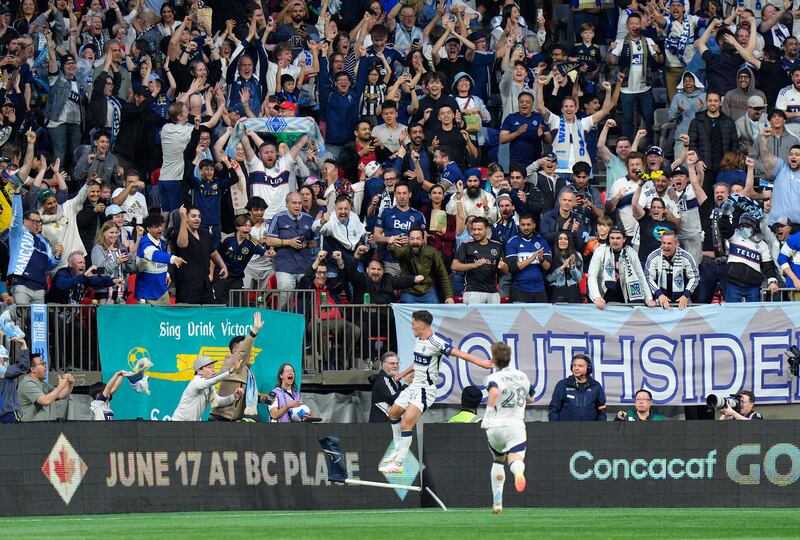 VANCOUVER, BRITISH COLUMBIA - APRIL 24: Sebastian Berhalter #16 of the Vancouver Whitecaps FC celebrates after scoring the team's second goal during the CONCACAF Champions Cup Semi-final first leg match between Vancouver Whitecaps and Inter Miami CF at BC Place on April 24, 2025 in Vancouver, British Columbia.  (Photo by Jeff Vinnick/Getty Images)