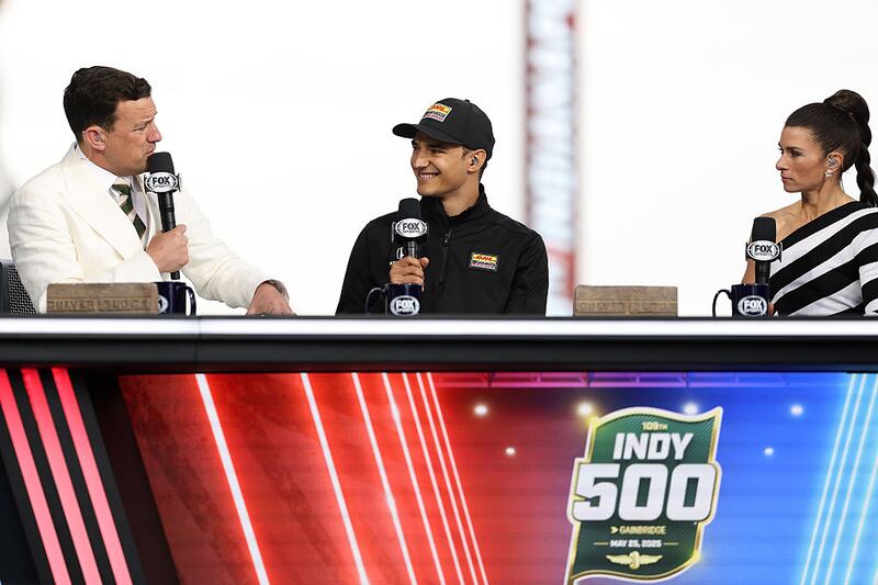Pato O'Ward, driver of the #5 Arrow McLaren, is interviewed by FOX during the NTT IndyCar Series109th Running Of The Indianapolis 500