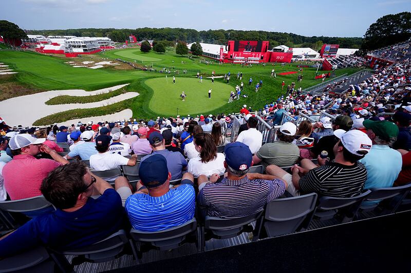 A general view of the 18th green during a practice round at the Bethpage Black Course, Farmingdale, New York ahead of the 2025 Ryder Cup starting on Friday. Picture date: Tuesday September 23, 2025. (Photo by Mike Egerton/PA Images via Getty Images)