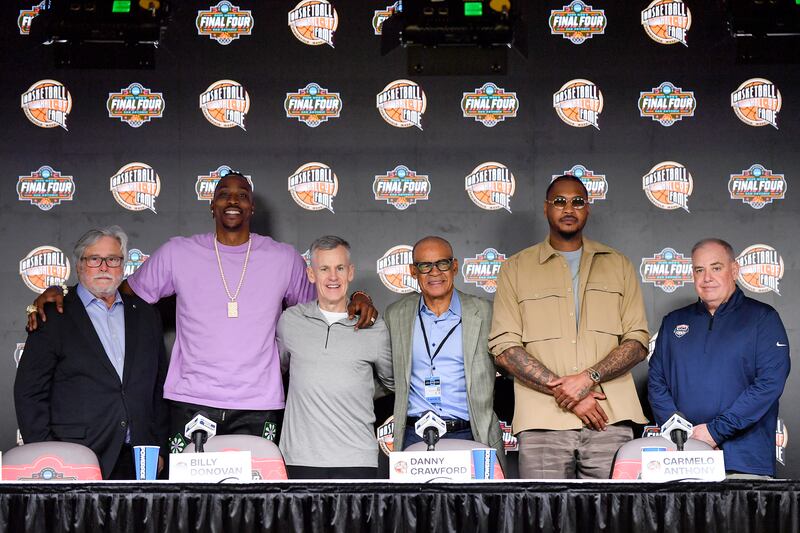 SAN ANTONIO, TX - APRIL 5: Micky Arison, Dwight Howard, Billy Donovan, Danny Crawford, Carmelo Anthony and Sean Ford pose for a photo during the 2025 Basketball Hall of Fame announcement on April 5, 2025 at the Alamo Dome in San Antonio Texas. NOTE TO USER: User expressly acknowledges and agrees that, by downloading and or using this photograph, user is consenting to the terms and conditions of the Getty Images License Agreement. Mandatory Copyright Notice: Copyright 2025 NBAE (Photos by Michael Gonzales/NBAE via Getty Images)