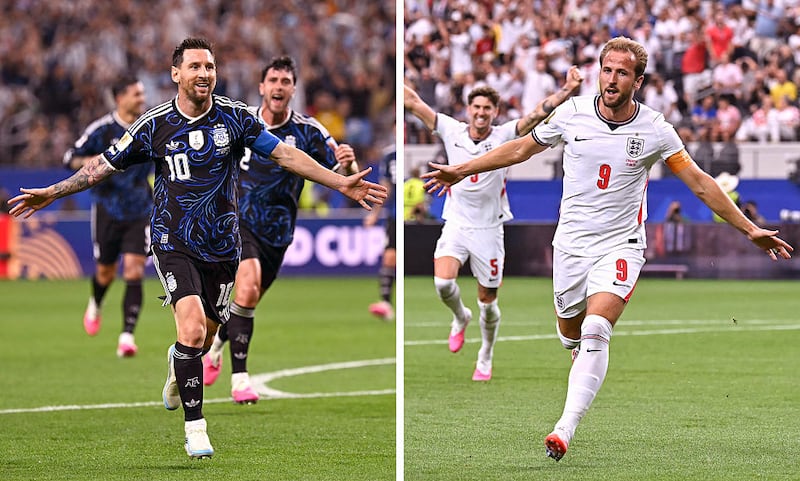 A split image showing Lionel Messi celebrating on the pitch on one side and Harry Kane celebrating on the other.