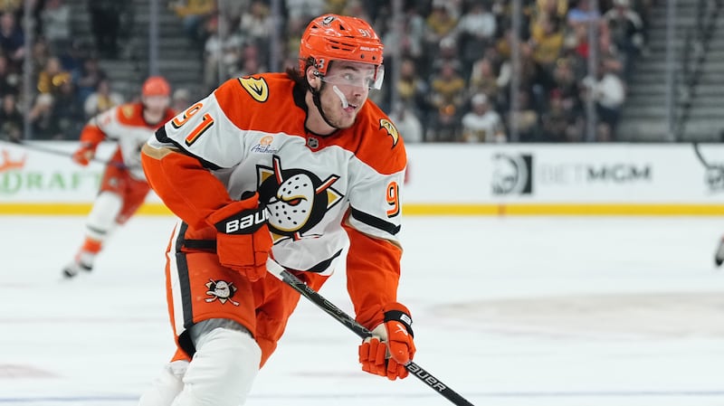 LAS VEGAS, NEVADA - MAY 12: Leo Carlsson #91 of the Anaheim Ducks skates during the second period against the Vegas Golden Knights in Game Five of the Second Round of the 2026 Stanley Cup Playoffs at T-Mobile Arena on May 12, 2026 in Las Vegas, Nevada. (Photo by Jeff Bottari/NHLI via Getty Images)