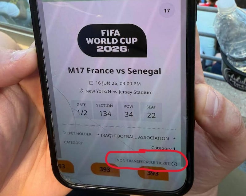 A ticket purchased linked to the Iraqi Football Assocoation and marked as "non-transferable" was puchased on the secondary market.