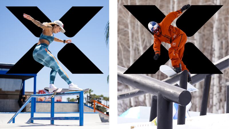 The new X Games logo pictured side by side with two different athletes.