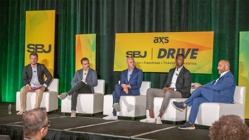 (l to r) SBJ's Bret McCormick, AXS Drive's Mason Donley, Harris Blitzer's Brian Norman, the NBA's Jonathan Tillman and Comcast Spectacor's Todd Glickman