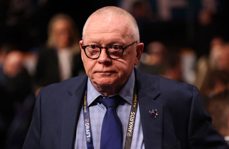 Jim Rutherford of the Vancouver Canucks looks on during the 2023 Upper Deck NHL Draft - Rounds 2-7 at Bridgestone Arena