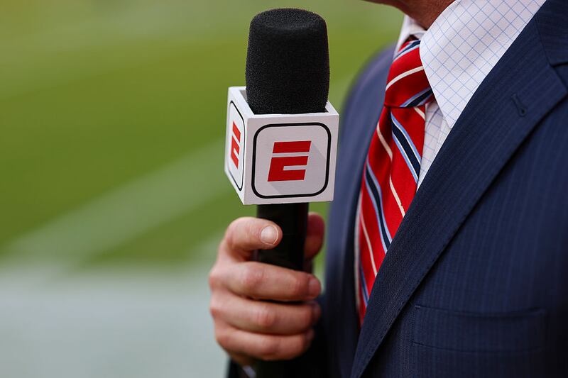 KANSAS CITY, MISSOURI - AUGUST 28: A detail view of the ESPN logo on a microphone prior to the game between the Nebraska Cornhuskers and the Cincinnati Bearcats at Arrowhead Stadium on August 28, 2025 in Kansas City, Missouri. (Photo by Aaron M. Sprecher/Getty Images)