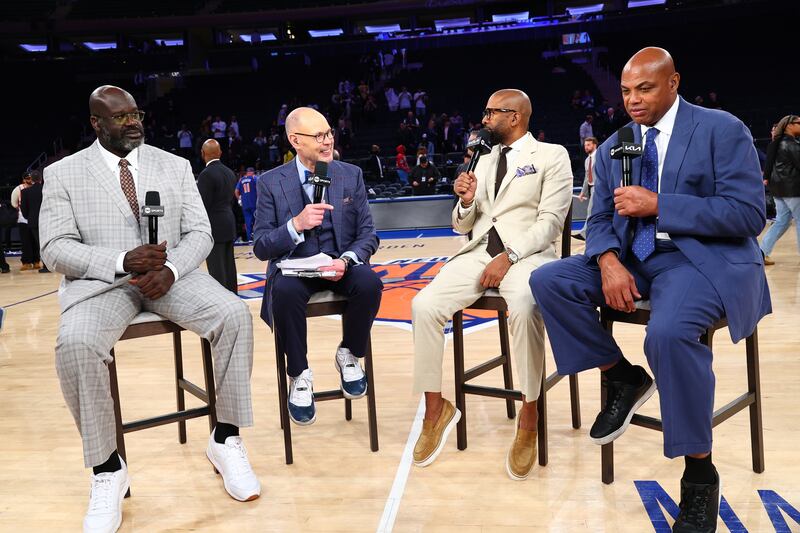 NEW YORK, NY - MAY 29: Shaquille O'Neal, Ernie Johnson, Kenny Smith and Charles Barkley talk after the game between the Indiana Pacers and the New York Knicks during Game 5 of the 2025 Eastern Conference Finals on May 29, 2025 at Madison Square Garden in New York City, New York. NOTE TO USER: User expressly acknowledges and agrees that, by downloading and or using this photograph, User is consenting to the terms and conditions of the Getty Images License Agreement. Mandatory Copyright Notice: Copyright 2025 NBAE (Photo by David L. Nemec/NBAE via Getty Images)