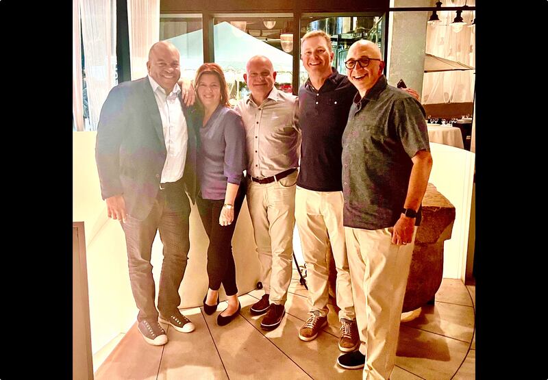 At a gathering to mark the 15th anniversary of selling OnSport to Wasserman are: Malcolm Turner (left), Elizabeth Lindsey, Gary Stevenson, Will Pleasants and Dean Jordan.
