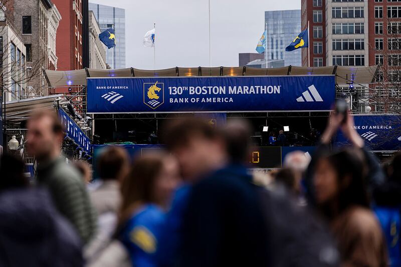 The finish line of the Boston Marathon ahead of the marathon in Boston, Massachusetts
