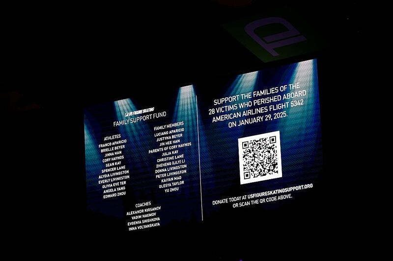A message of "Support the families of the 28 victims who perished aboard American Airlines flight 5342 on January 29, 2025," a QR code to donate, and the names of athletes, family members, and coaches in the US Figure Skating Family Support Fund is displayed