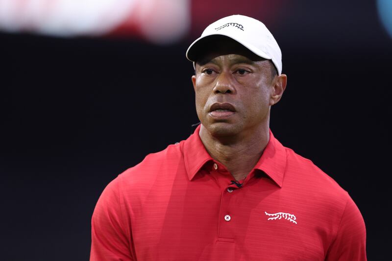 PALM BEACH GARDENS, FLORIDA - JANUARY 13: Tiger Woods of the Jupiter Links Golf Club looks on prior to the match against the New York Golf Club at SoFi Center on January 13, 2026 in Palm Beach Gardens, Florida. (Photo by Megan Briggs/TGL/TGL Golf via Getty Images)