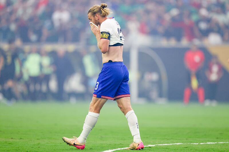 Tim Ream #13 of the United States wipes his face during the first half against Mexico during the finals of the CONCACAF Gold Cup 2025