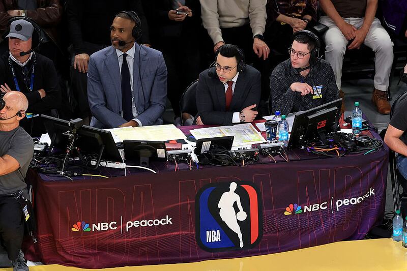 Grant Hill and Ian Eagle of NBC look on during the second quarter of the game between the Golden State Warriors and the Los Angeles Lakers at Crypto.com Arena