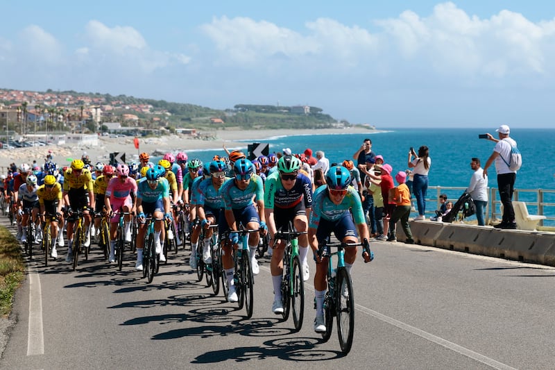 Teams ride during the 4th stage of the Giro d'Italia on May 12 in Cosenza, Italy.