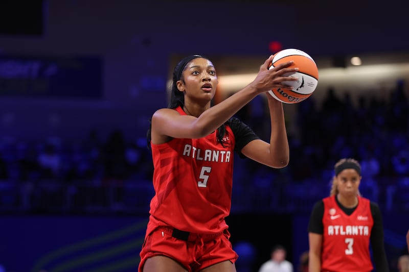 ARLINGTON, TX - MAY 12: Angel Reese #5 of the Atlanta Dream shoots a free throw during the game against the Dallas Wings on May 12, 2026 at the College Park Center in Arlington, TX. NOTE TO USER: User expressly acknowledges and agrees that, by downloading and or using this photograph, User is consenting to the terms and conditions of the Getty Images License Agreement. Mandatory Copyright Notice: Copyright 2026 NBAE (Photo by Sam Hodde/NBAE via Getty Images)