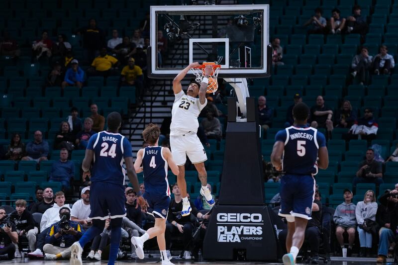 LAS VEGAS, NEVADA - NOVEMBER 26: Yaxel Lendeborg #23 of the Michigan Wolverines dunks the ball during the second half against the Gonzaga Bulldogs during the Players Era Championship basketball tournament at MGM Grand Garden Arena on November 26, 2025 in Las Vegas, Nevada. (Photo by Sam Su/Players Era/Getty Images)
