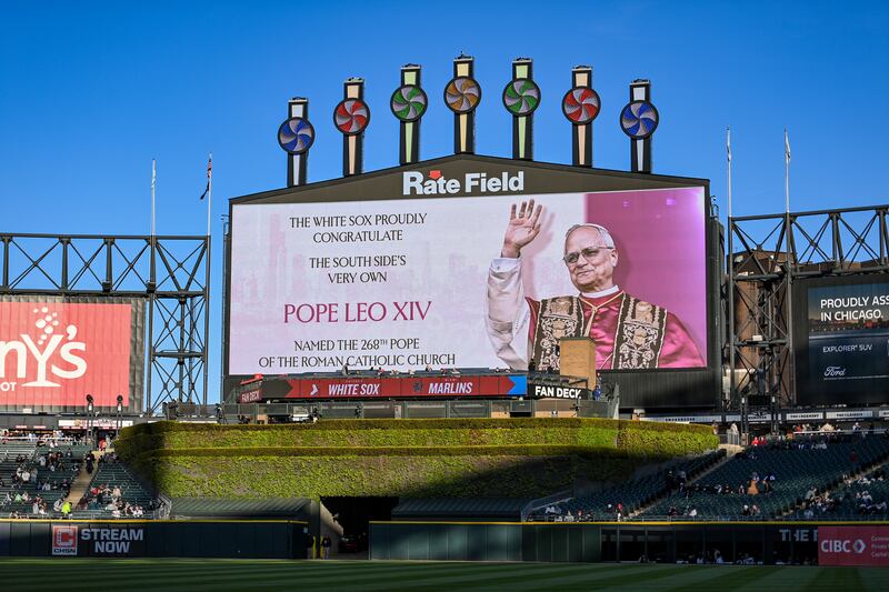 CHICAGO, ILLINOIS - MAY 9: The outfield video board displays a congratulatory message for Pope Leo XIV before the game between the Miami Marlins and  the Chicago White Sox at Rate Field on May 9, 2025 in Chicago, Illinois. (Photo by Abigail Dean/Getty Images)