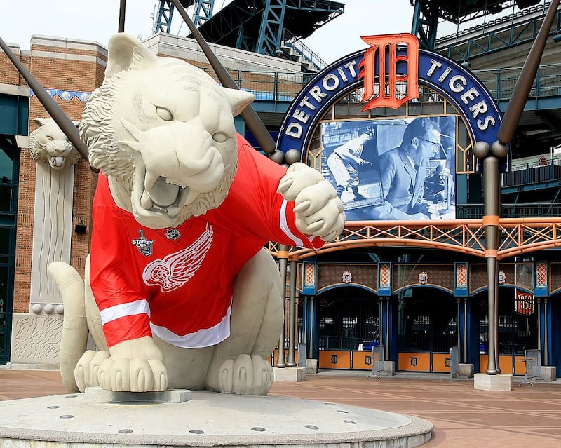 DETROIT - MAY 26: Photo of the Detroit Tiger mascot at Comerica Park dressed up in a Detroit Red Wings Jersey before game two of the 2008 NHL Stanley Cup Finals at Joe Louis Arena on May 26, 2008 in Detroit, Michigan. (Photo by Dave Reginek/NHLI via Getty Images)