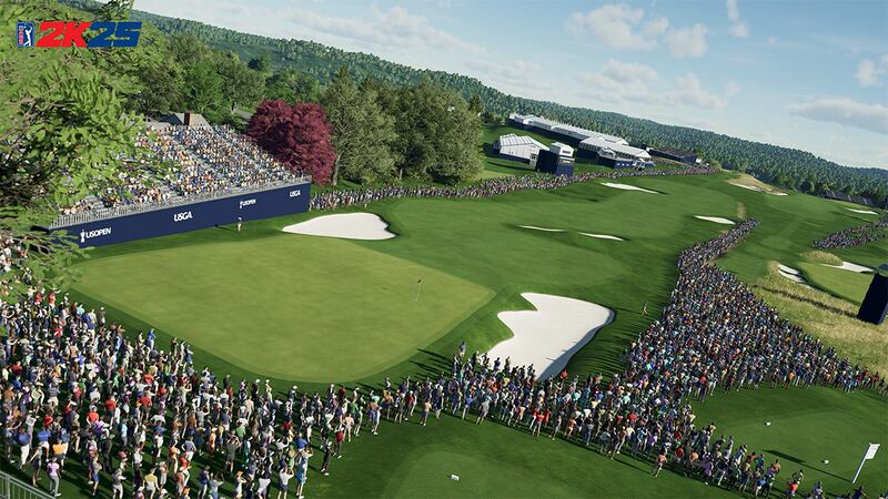 A video game rendition of Quail Hollow Golf Club, with crowds on the left, behind, and right of the green.