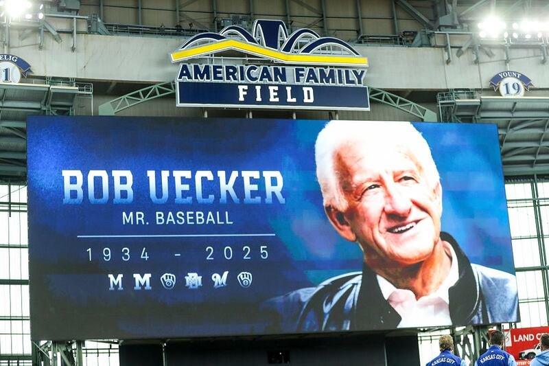 Tribute to Bob Uecker during a game between the Milwaukee Brewers and the Kansas City Royals