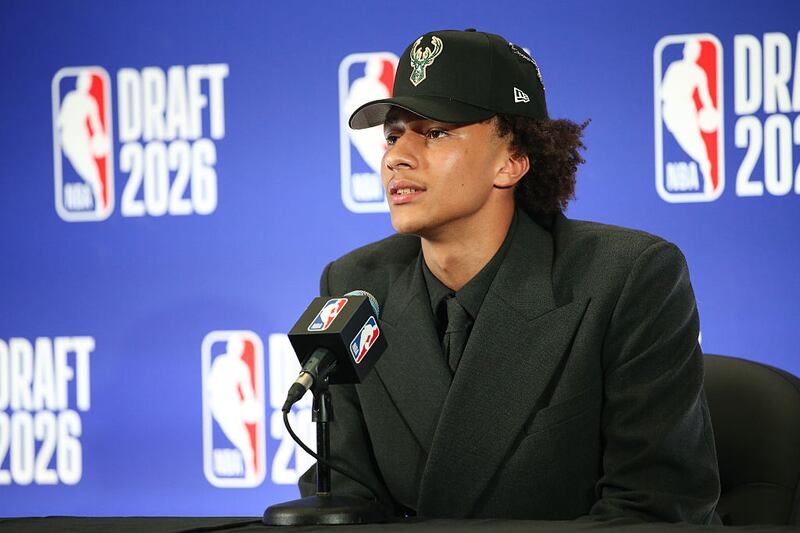 Nate Ament talks to the media during a press conference during the 2026 NBA Draft - Round One