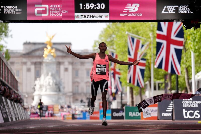 Sabastian Sawe after winning the Men's elite race during the 2026 TCS London Marathon. Picture date: Sunday April 26, 2026. (Photo by John Walton/PA Images via Getty Images)