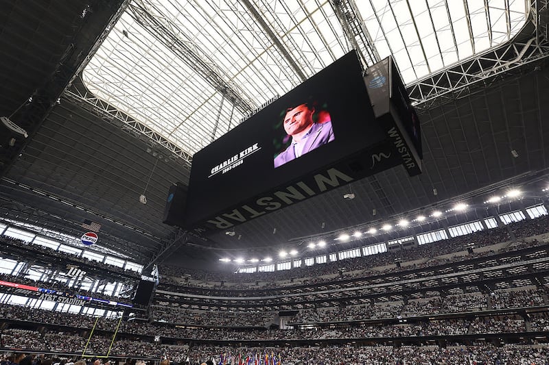 A general view inside the stadium during a moment of silence for Charlie Kirk prior to the game between the New York Giants and the Dallas Cowboys at AT&T Stadium
