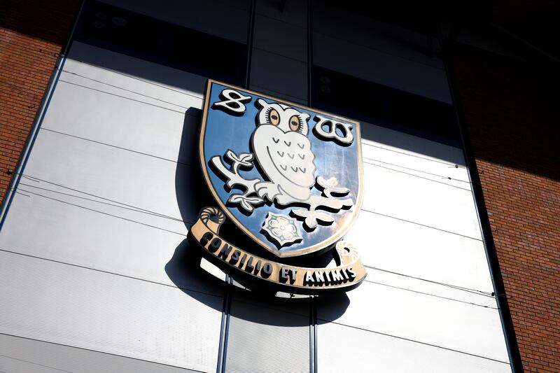 SHEFFIELD, ENGLAND - APRIL 05: A general view of the Sheffield Wednesday badge on the side of the stadium prior to the Sky Bet Championship match between Sheffield Wednesday FC and Hull City AFC at Hillsborough on April 05, 2025 in Sheffield, England. (Photo by George Wood/Getty Images)