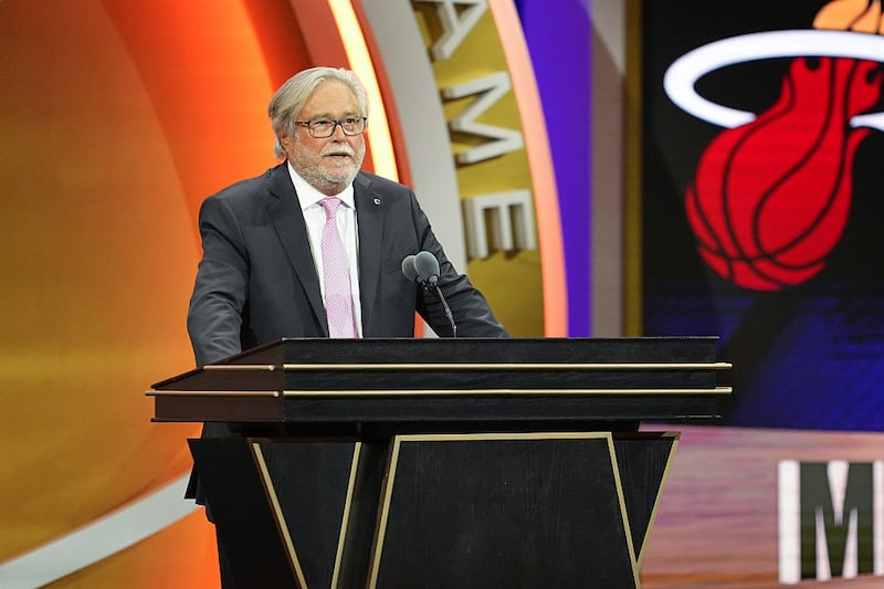 Mickey Arison speaks during the 2025 Basketball Hall of Fame Enshrinement Ceremony