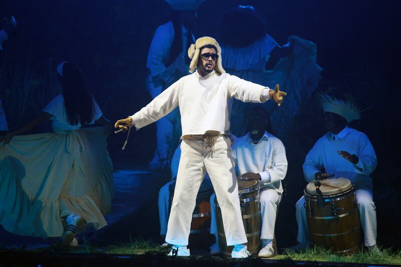 SAN JUAN, PUERTO RICO - SEPTEMBER 20: Bad Bunny performs live during "No Me Quiero Ir De Aquí; Una Más" Residencia at Coliseo de Puerto Rico José Miguel Agrelot on September 20, 2025 in San Juan, Puerto Rico. (Photo by Gladys Vega/Getty Images)