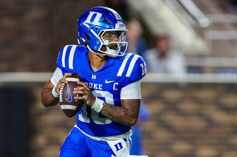 DURHAM, NORTH CAROLINA - AUGUST 28: Darian Mensah #10 of the Duke Blue Devils looks to pass the ball during the second half of a football game against the Elon Phoenix at Wallace Wade Stadium on August 28, 2025 in Durham, North Carolina. (Photo by David Jensen/Getty Images)