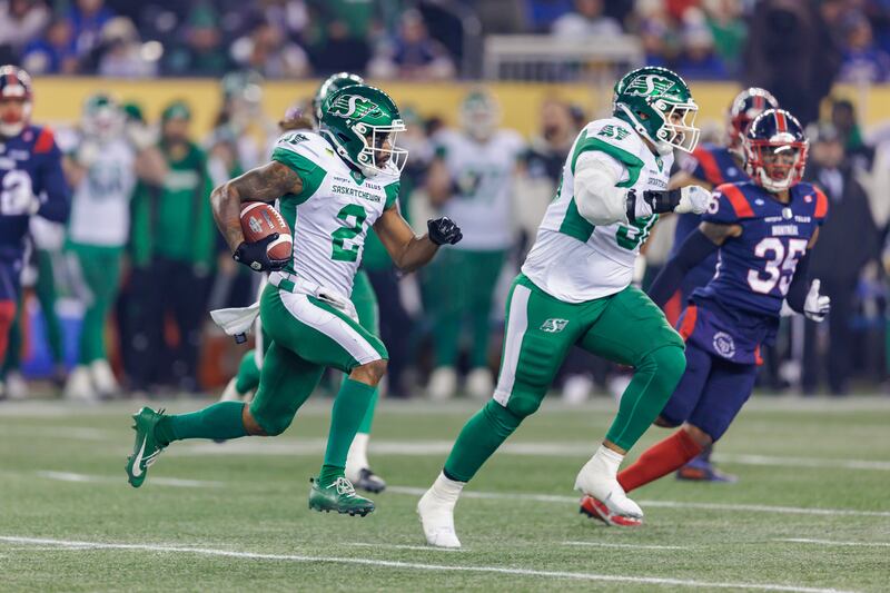 WINNIPEG, CANADA - NOVEMBER 16: Mario Alford #2 of the Saskatchewan Roughriders returns a kick in the 112th Grey Cup game between the Montreal Alouettes and Saskatchewan Roughriders at Princess Auto Stadium on November 16, 2025 in Winnipeg, Manitoba, Canada. (Photo by Brent Just/Getty Images)