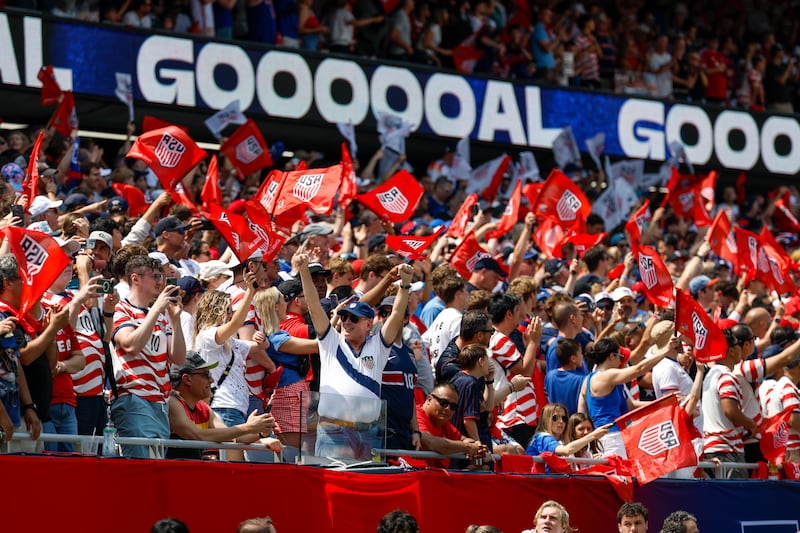 CHICAGO, ILLINOIS - JUNE 6: A general view of USA fans celebrating a goal during the international friendly match between United States and Germany at Soldier Field on June 6, 2026 in Chicago, Illinois. (Photo by Michael Miller/ISI Photos/ISI Photos via Getty Images)