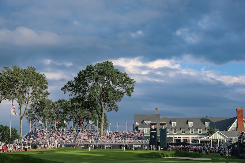 OAKMONT, PENNSYLVANIA - JUNE 14: A general view of the 18th green as Viktor Hovland of Norway putts during the third round of the 125th U.S. OPEN at Oakmont Country Club on June 14, 2025 in Oakmont, Pennsylvania. (Photo by David Cannon/Getty Images)