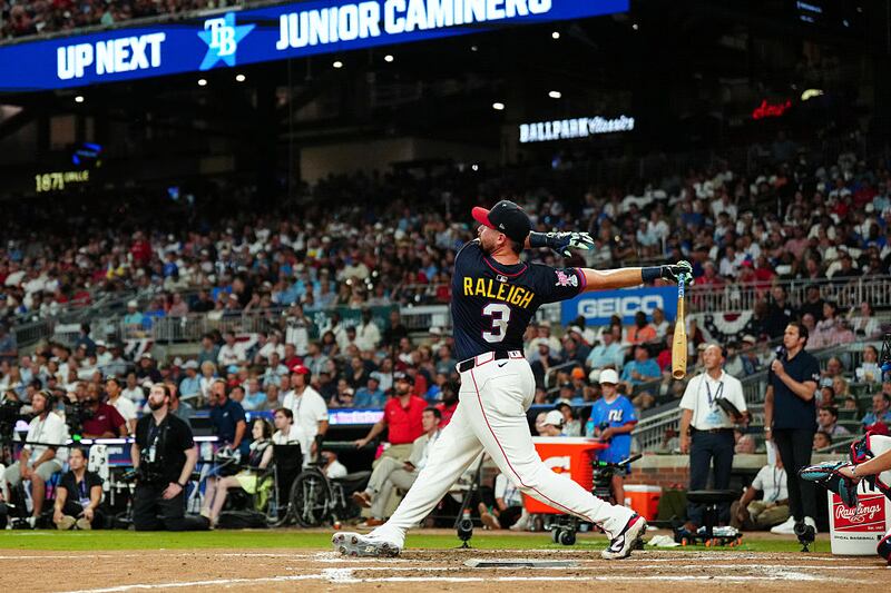 Cal Raleigh #29 of the Seattle Mariners, wearing #3 in honor of Babe Ruth, bats during the 2025 T-Mobile Home Run Derby